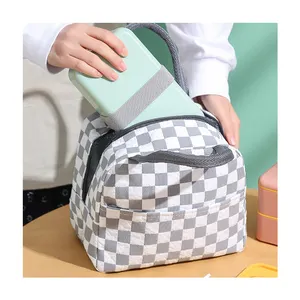 Cute Checkered Lunch Cooler Bag Kids Travel Thermal Insulated Lunch Box for Picnic