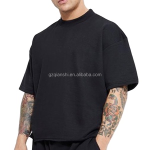 เสื้อยืดสีดำ โลโก้เรียบง่าย ผ้าฝ้าย 100% ทรงบ็อกซี่ ไหล่ตก หนานุ่ม น้ำหนักมาก โอเวอร์ไซส์ คุณภาพสูง เสื้อยืดครอปสำหรับผู้ชาย - Product Image 1