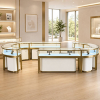 Ensemble de comptoirs de présentation de bijoux carrés en gros, en verre trempé, acier inoxydable, éclairage LED, écologique, étanche, personnalisable