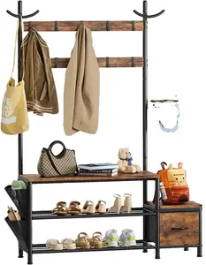 wholesale Entryway Customized 3-in-1 Metal Grid Shoe Storage Bench Clothes Hat Coat Rack Stand