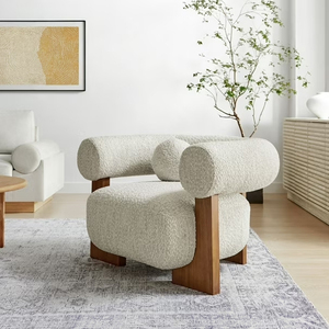 Boucle Modern kursi aksen kain, kursi barel berlapis kain kursi santai dengan kaki kayu - Product Image 2