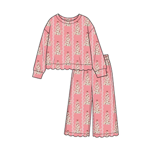 Ensemble haut et pantalon à manches longues pour petites filles, imprimé de Noël, bord festonné, tenue décontractée de boutique, 2 pièces, pour Noël - Product Image 2