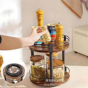 Wooden rotating kitchen spice rack, double-layer oil, salt, soy <b>sauce</b>, vinegar storage rack, coffee and milk tea jar storage - Product Image 3