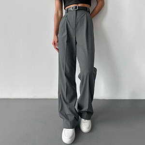 Pantalones Formales Elegantes y Transpirables de Cintura Alta para Mujer, Tejido de Sarga de Poliéster/Algodón Reciclable y Ecológico, Frente Plano para Oficina - Product Image 1