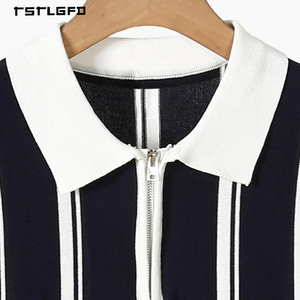 Men Vertical Striped Knit <b>Polo</b> Shirt Half <b>Zip</b> Quarter <b>Zip</b> Black White Contrast Old Money Style Summer Resort Wear <b>Polo</b> - Product Image 3