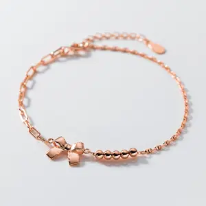 New Design Fine Jewelry Chain S925 Bow Pendant For Girls Thin Rose gold Sterling Silver Bracelet