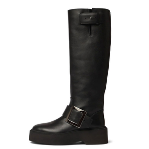 Women Low Heel Knight <b>Boots</b> Round Toe Knee High Long Booties Flat Big Metal Buckles Ladies Thick Sole Shoes - Product Image 3