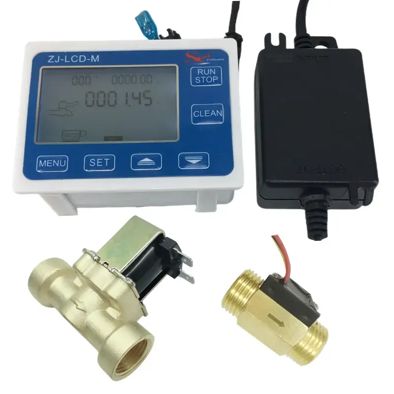 ZJ-LCD-M Dosage Quantitative Controller BSPP G1/2" Water Flow Meter Sensor Reader &1-30L/min Turbine Hall Sensor 24V charger