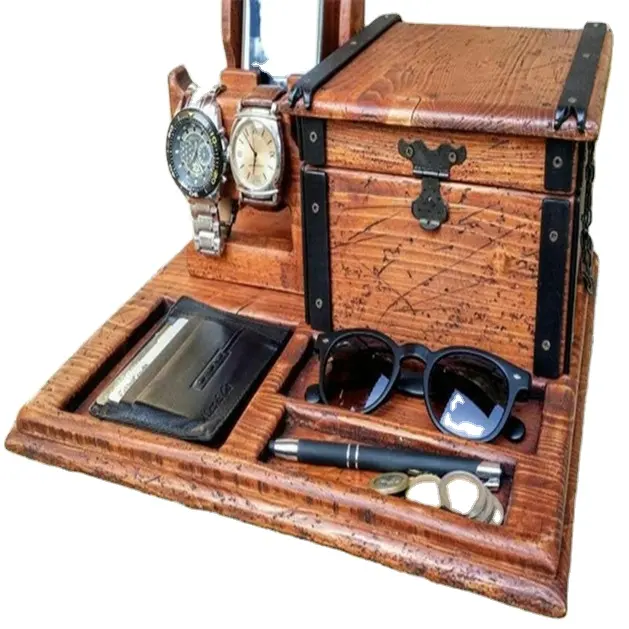 Italian handmade man's valet tray, made of old wood, high-quality dock station with box and watch rack