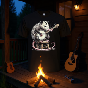 Camiseta Opossum Playing Banjo para adultos, unisex, negra, con cuello redondo, manga corta, impresión digital, diseño de animales musicales - Product Image 3