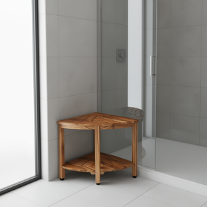 Banc de douche d'angle en teck, hauteur 18,5 pouces, étagère de rangement à 2 niveaux, autoportant, pour salle de bain - Product Image 2