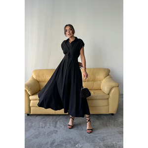 ชุดราตรีผ้าป๊อปลินสีดำแบบไม่มีแขน แต่งกระดุมด้านหน้าและดีไซน์จับจีบที่เอว - Product Image 6