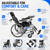 Fauteuil roulant léger entièrement inclinable et pliable en acier au carbone avec coussin en cuir, roues pleines de 24 pouces, frein à main, repose-jambes réglable, cuvette et table