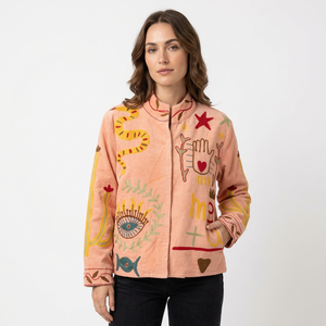 Chaqueta de algodón rosa bordada para mujer, con cremallera, cuello alto, estampado de dibujos animados, manga larga. - Product Image 4