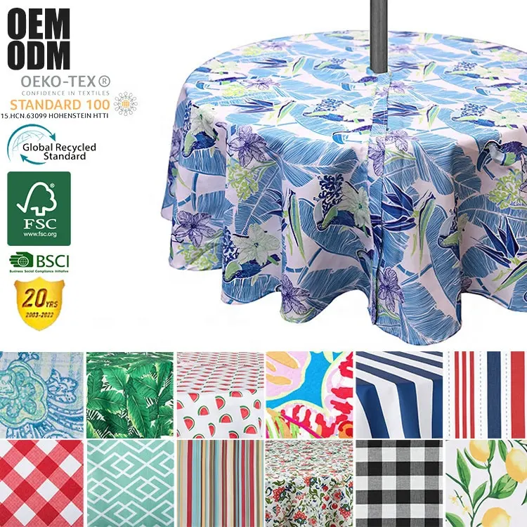 60"R Custom Printing Polyester Fabric Table Cover Zipper Umbrella Hole Water Resistant Outdoor Round Tablecloth