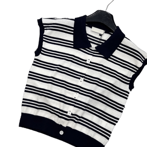 Camiseta sin mangas de punto a rayas estilo retro para mujer, con cuello y botones, informal - Product Image 4