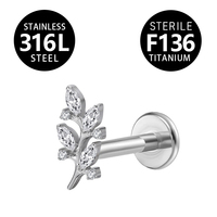 Piercing plat à enfiler 16G pour l'oreille (cartilage, hélix, tragus), le nez et le lèvre, avec zircone cubique, hypoallergénique