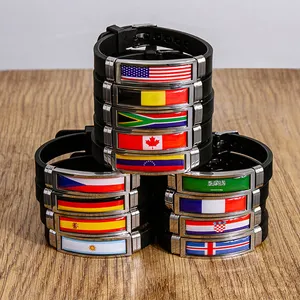 Pulsera con bandera de España americana personalizada, banderas epoxi, pulseras de silicona de acero inoxidable para hombres y mujeres