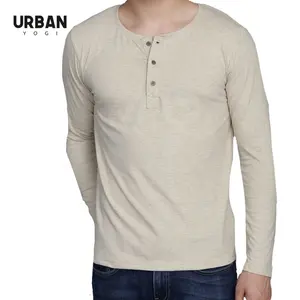 Camiseta de algodão henley para homens, camiseta masculina de manga longa com botão, malha personalizada, de alta qualidade