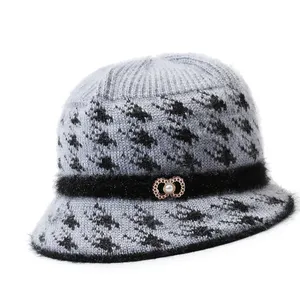 Topi Bucket rajut wol wanita, topi wol musim dingin nelayan wanita hangat dapat dilipat