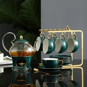 欧洲豪华高品质瓷制咖啡杯茶具餐具金边金边金勺，带鲜花设计豪华酒店