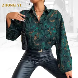 Clothing Manufacturers Custom Fall Women's Vintage Long Sleeve Lapel Front chiffon Linen Print Loose Casual Shirt Blouse