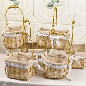 <b>Wire</b> <b>Basket</b> With Linen Lining Gold Handle Round Shape For Decorative Use - Product Image 4