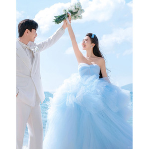 Seaside Blue Wedding Dress Sweetheart Neckline Empire Waist Tulle Ball Gown Princess Style For Beach Wedding - Product Image 5