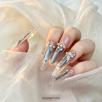 Lot de 10 faux ongles en PMMA, faits main, tendance, forme cercueil moyenne, design français, avec décoration croix diamant rose, couvrance totale