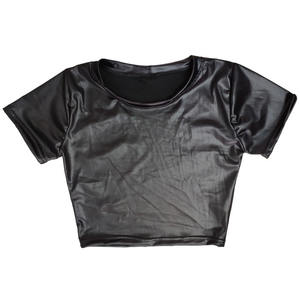 T-shirt en cuir PU pour femmes 2025, col rond, manches courtes, crop top décontracté, tee-shirt ajusté - Product Image 2