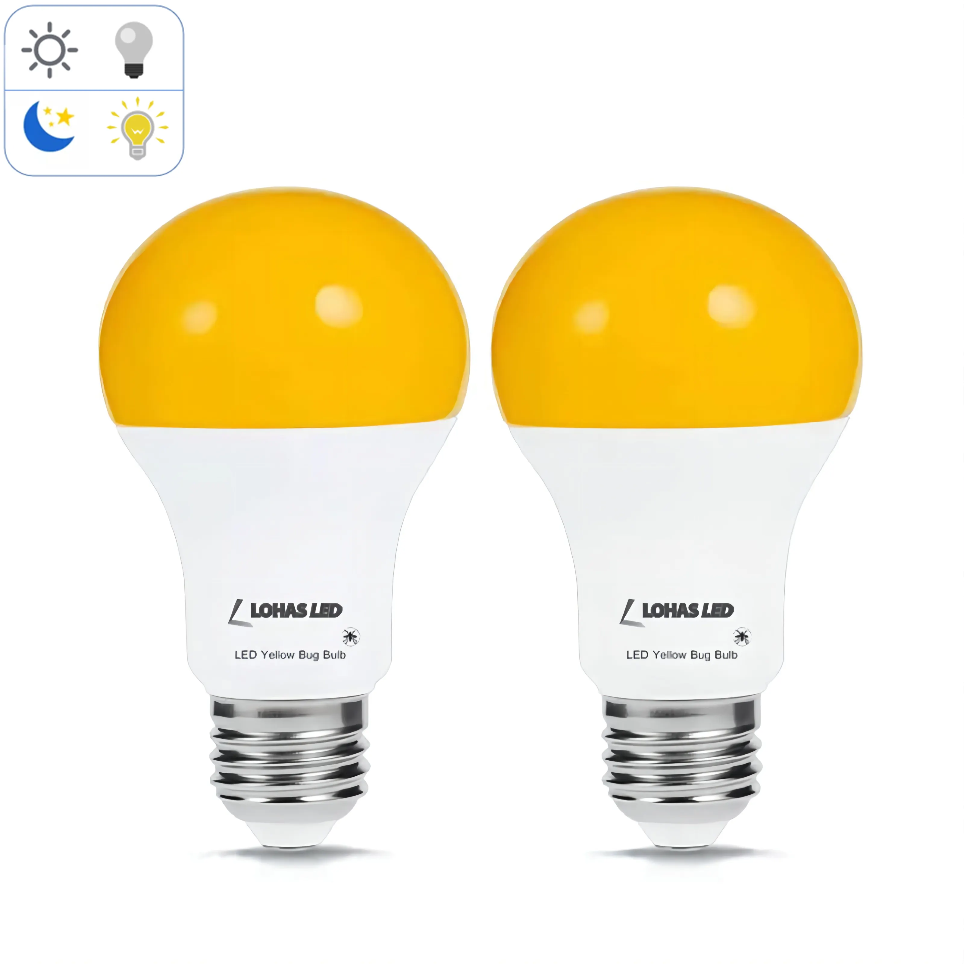 LOHAS A19 6W LED Yellow Bug Light Bulb Amber Color Dusk to Dawn Sensor Yellow Color Light Bulbs for Home Lighting