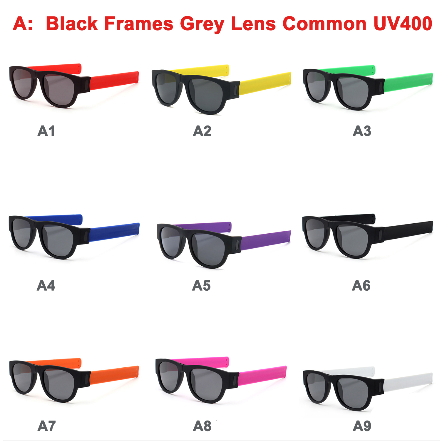 A : montures noires, verres gris, UV400 courants.