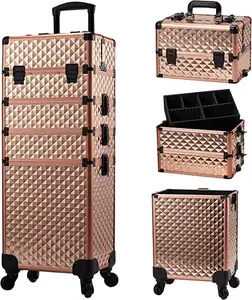 Handy beauty Aluminum Makeup Case rolling Cosmetic travel Trolley 4 in 1 Large lockable Makeup Travel box with Swivel Wheels