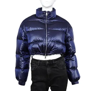 2023 OEM Mode Frauen Crop Puffer Jacke Solid Shiny Coat Polsterung Baumwolle Bomber jacke für Frauen