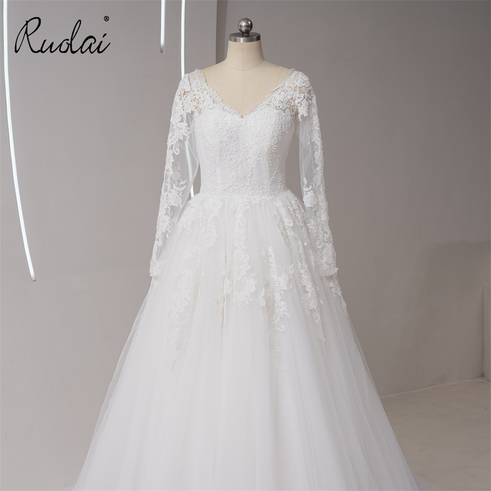 QW01192 Simple Illusion Lace V-neck Wedding Dress Long Sleeve A-line Bridal Dresses