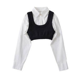 时尚女士休闲上衣翻下领长袖衬衫配针织裁剪上衣女士两件套 - Product Image 3