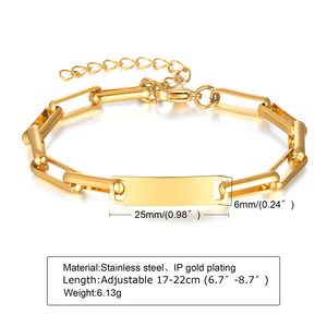 18K Gold Plated Stainless Steel Paperclip Chain Bracelet Blank Engravable Bar Adjustable Extension Chain Unisex Fashion Jewelry - Product Image 5