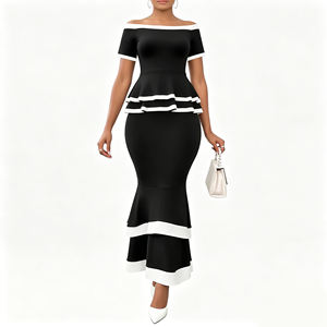 <span class=keywords><strong>Ensemble</strong></span> 2 pièces de soirée pour <span class=keywords><strong>femme</strong></span> : Haut peplum épaules dénudées et jupe sirène, color block, manches courtes, ourlet à volants étagés - Product Image 1