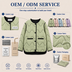 Fournisseur en gros OEM ODM – Veste matelassée à points ondulés pour <span class=keywords><strong>femme</strong></span>, Manteau rembourré personnalisé pour <span class=keywords><strong>femme</strong></span> à col rond avec passepoil contrastant et boutons - Product Image 2