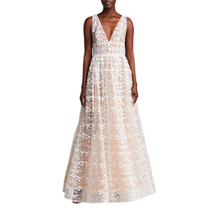 Formal Long Gown <strong>Low</strong> <strong>Cut</strong> V Neck Long Sleeves Dinner Party <strong>Lace</strong> Ball Gown Evening <strong>Dresses</strong> for Ladies