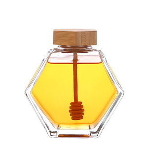 Multiple Capacities HoneyJar Dipper Hexagon Honey Storage Jar Borosilicate Glass Jar With Bamboo Wooden Lids
