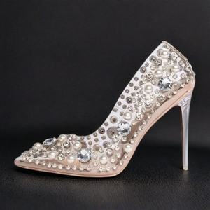 Chaussures de soirée de luxe pour femmes à talons hauts, ornées de perles et de strass, escarpins transparents en cristal - Product Image 6