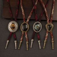 Cravate Bolo Western Cowboy, style Bohème Ethnique, avec imitation pierre turquoise et cordon à carreaux, unisexe, accessoire de costume de cowboy rétro