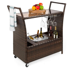 Chariot de bar portable en osier d'extérieur, chariot roulant en rotin pour patio et jardin avec seau à glace et porte-bouteilles - Product Image 1