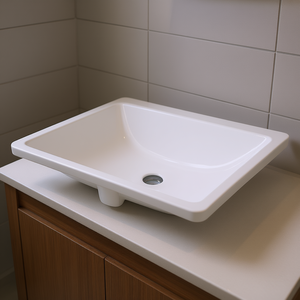 Évier de salle de bain rectangulaire blanc à encastrer en céramique, design moderne, sans trou pour robinet - Product Image 2