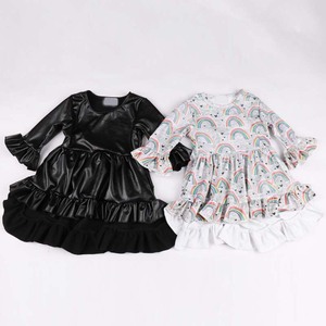 Robe tendance pour tout-petits, style mixte, en similicuir et à manches longues, imprimé floral, avec ourlet à volants, pour bébés filles - Product Image 2