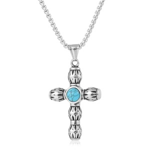 yunnique <b>Cross</b> Pendant Stainless Steel Turquoise Inlay Geometric Design For <b>Men</b> Women Gift Jewelry - Product Image 1