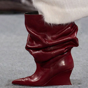 High Wedge Heels Pointed Toe Pleated Upper Shoes Wide Top Mid Calf <b>Boots</b> Women's on Loose Baggy Half Knee High Booties - Product Image 3