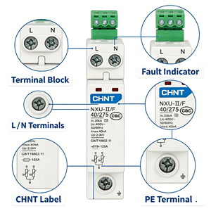 <span class=keywords><strong>Protector</strong></span> Contra Sobretensiones CHINT NXU-II/F 10kA-100kA 1P 2P 3P 3P+N 4P Serie SPD T1 T2 con Certificación CE CB, Stock de Fábrica - Product Image 2