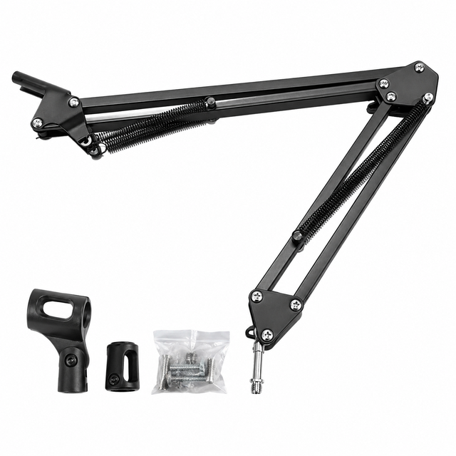Adjustable Black Microphone Boom Arm Stand with Noise Reduction Folding Desk Mic Holder Metal Suspension and Mic Clip Screws